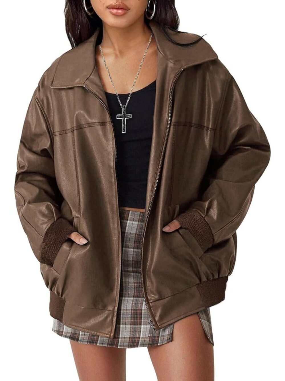 Women's Dark Brown Faux Leather Oversized ZIP Up Coat Moto Biker Bomber Jacket
